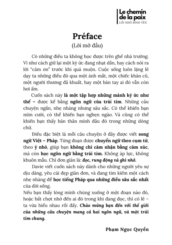 Sách truyện ngắn song ngữ Việt Pháp - LE CHEMIN DE LA PAIX (lối nhỏ bình yên) - Hình ảnh 2